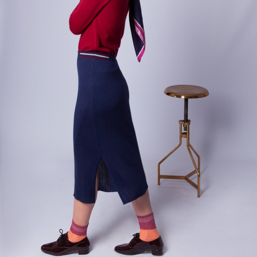 Jupe droite en laine côtelée - Etreinte 6325 navy - 05 bleu marine