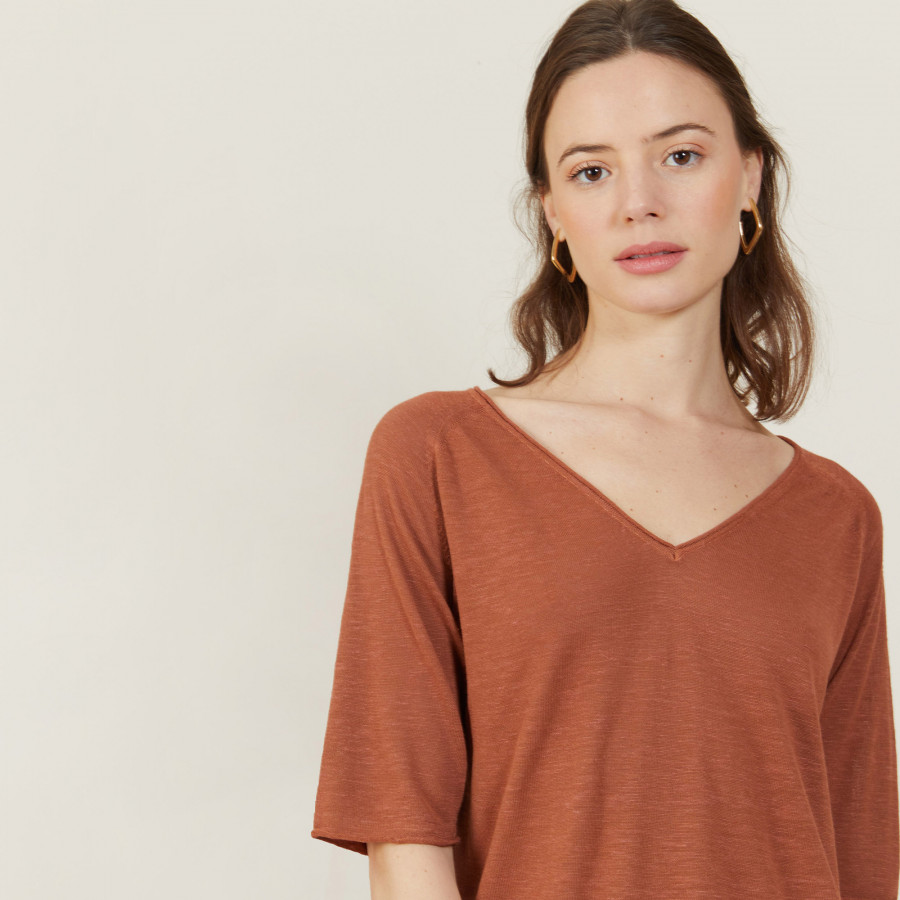 Slub linen elbow-sleeved T-shirt - Bonbon