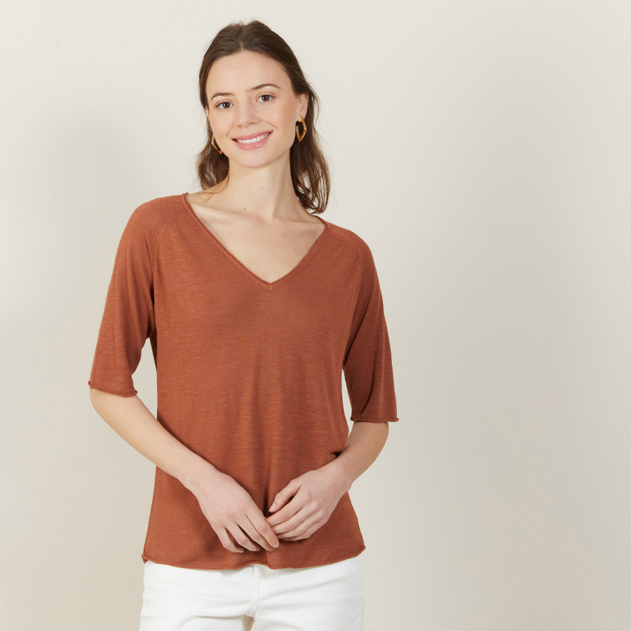 Slub linen elbow-sleeved T-shirt - Bonbon