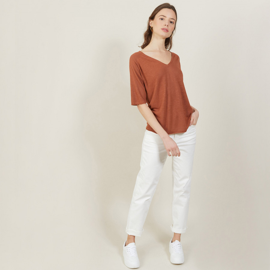 Slub linen elbow-sleeved T-shirt - Bonbon