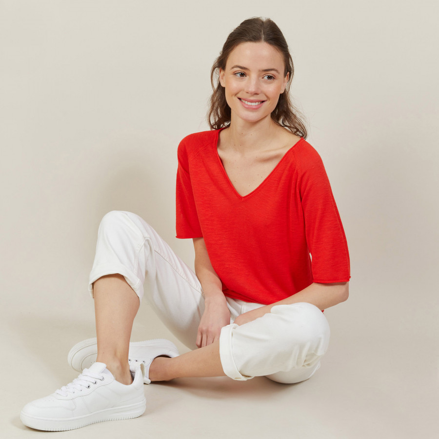 Slub linen elbow-sleeved T-shirt - Bonbon