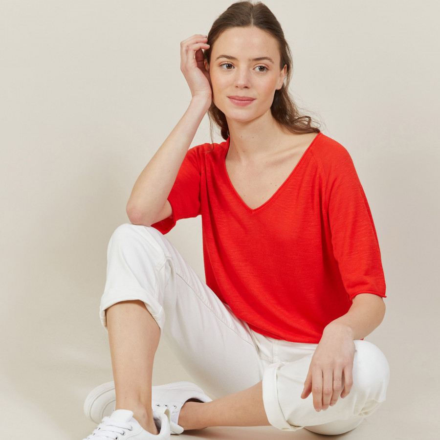 Slub linen elbow-sleeved T-shirt - Bonbon