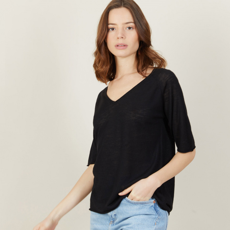 Slub linen elbow-sleeved T-shirt - Bonbon