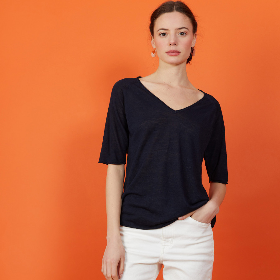 Slub linen elbow-sleeved T-shirt - Bonbon