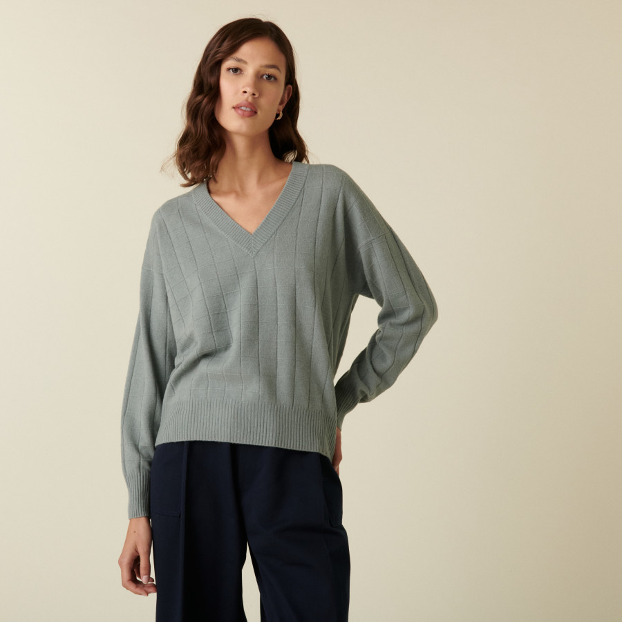 V-neck cashmere sweater in checkered knit - Canelle