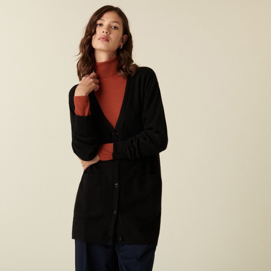 Long cardigan col V en cachemire à fentes et poches - Aden