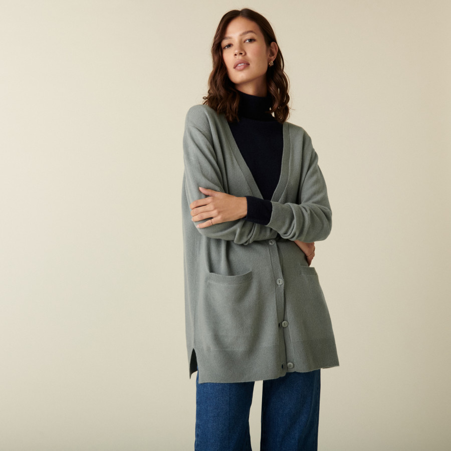 Long cardigan col V en cachemire à fentes et poches - Aden
