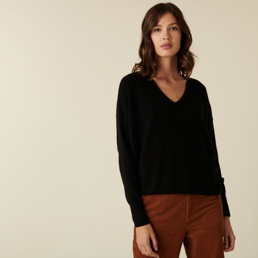 Pull court col V en cachemire avec poches - Balba
