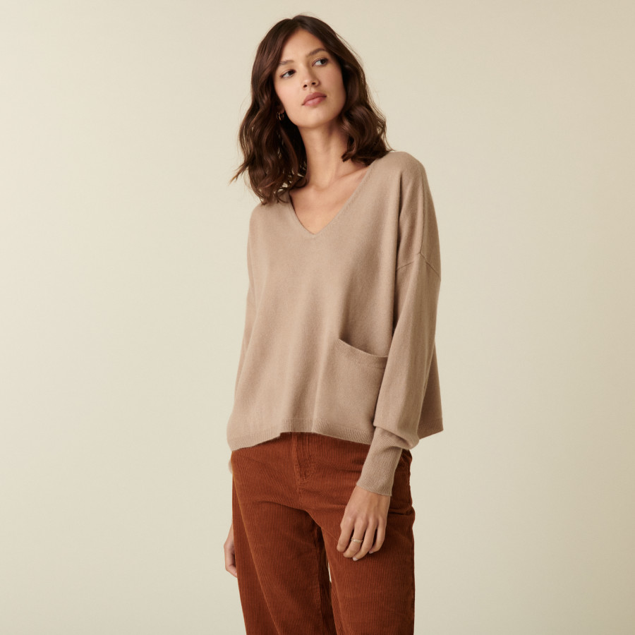 Pull court col V en cachemire avec poches - Balba