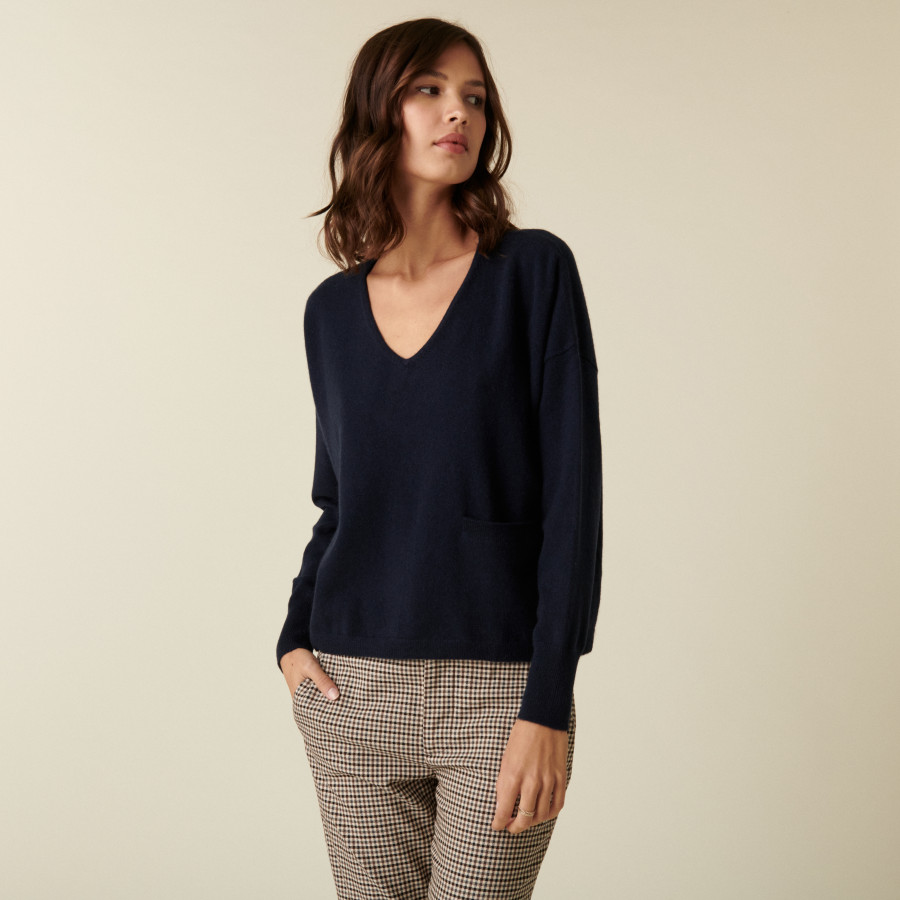 Pull court col V en cachemire avec poches - Balba