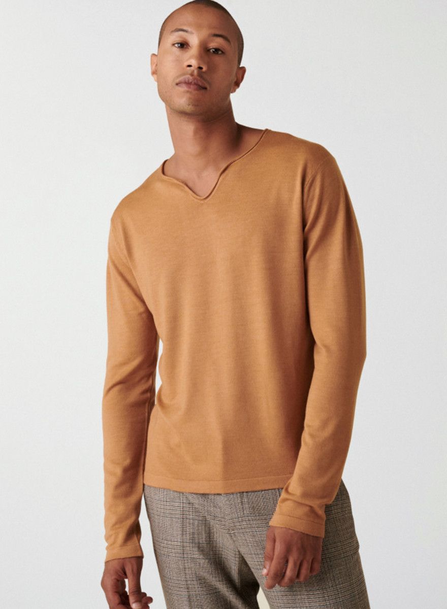 Merino wool sweater with Tunisian collar with logo - Ethan
