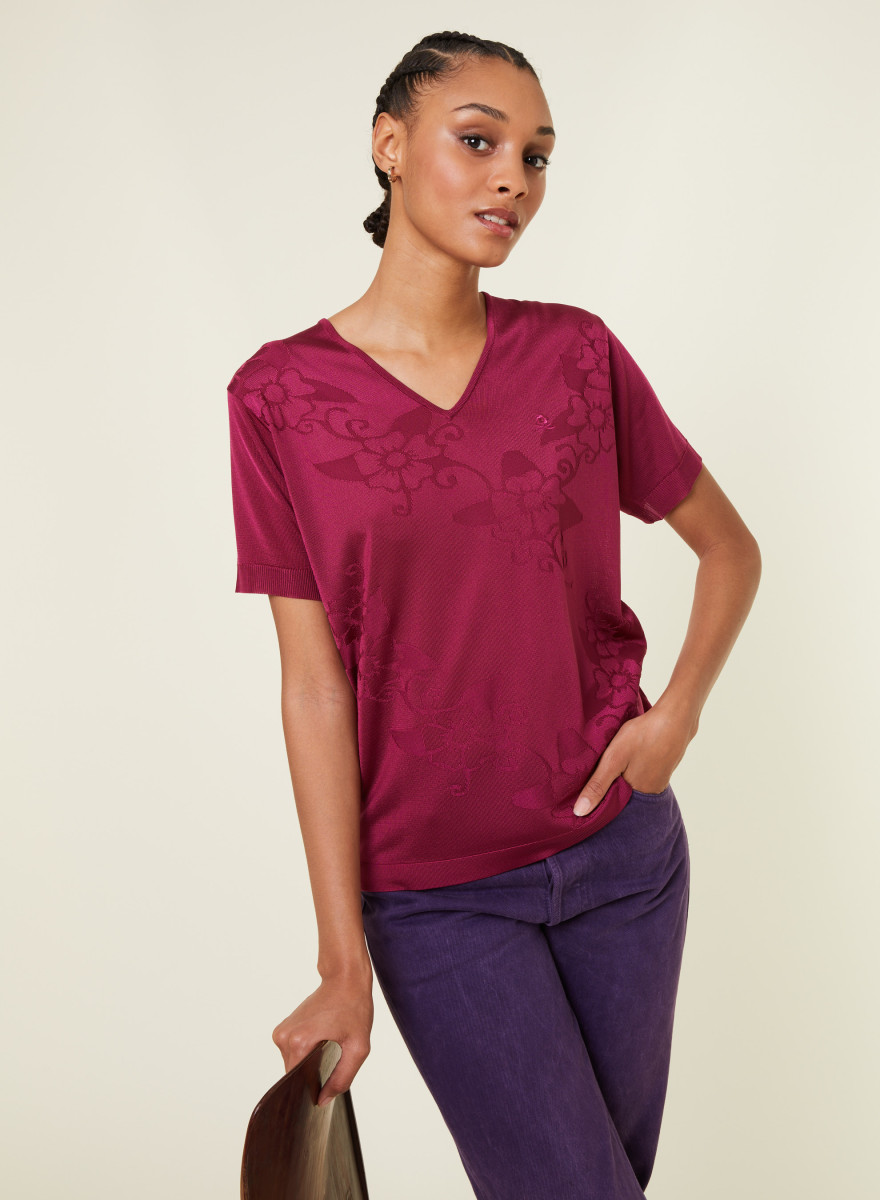 T-shirt col V Fil Lumière manches courtes à motifs - Elise