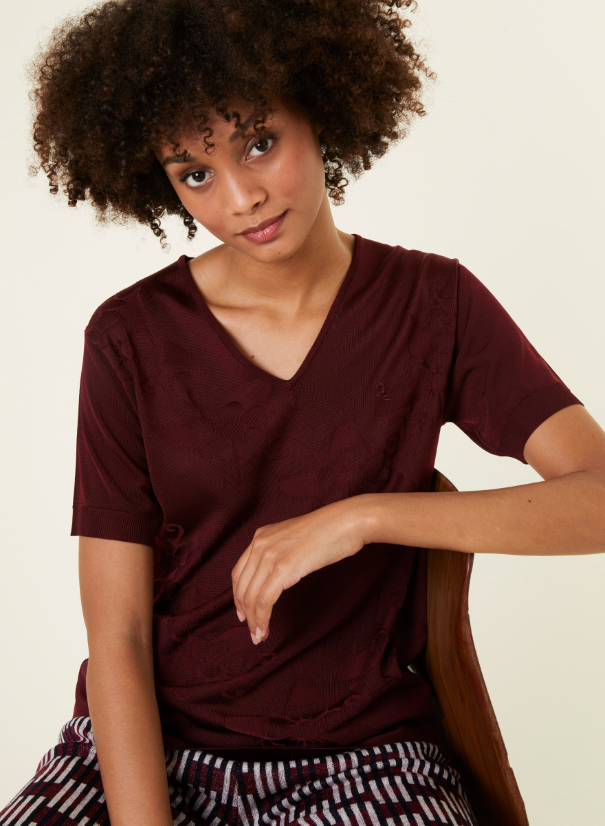 T-shirt col V Fil Lumière manches courtes à motifs - Elise
