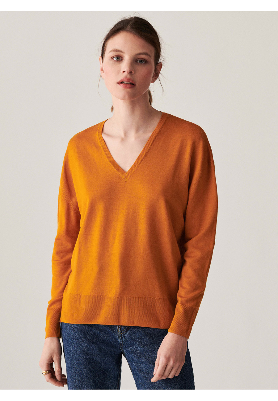 Pull col V en laine mérinos finitions bord côtes - Arya
