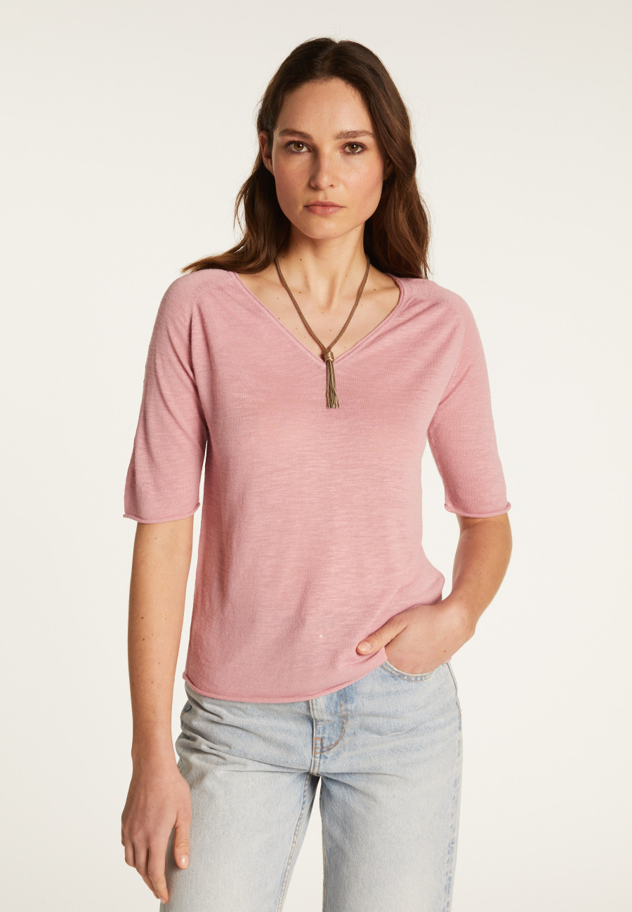T-shirt col V en lin flammé - Bonbon