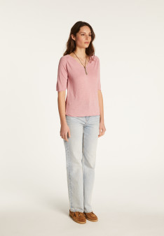 T-shirt col V en lin flammé - Bonbon
