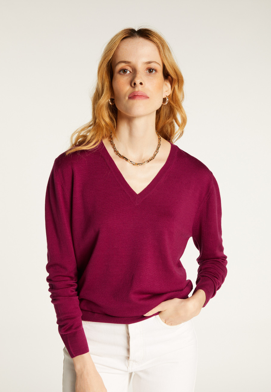 Pull col V en laine mérinos finitions bord côtes - Arya