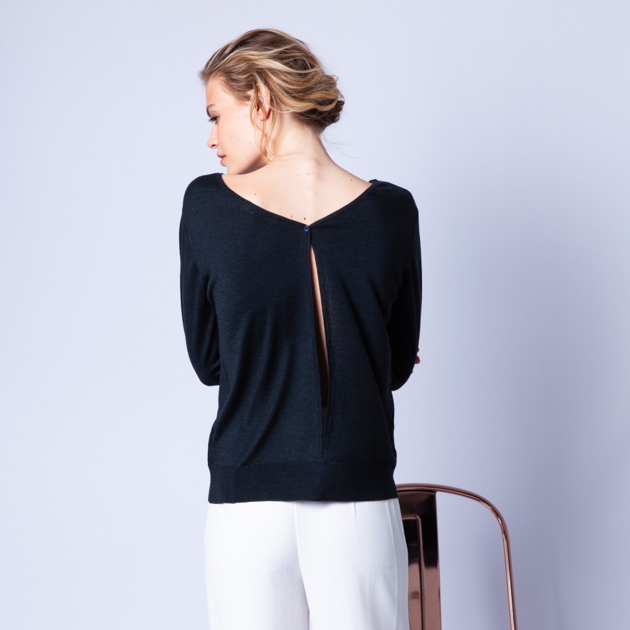 Pull en laine et soie fente dans le dos - Euphrosine 6388 gris granit - 10 gris foncé